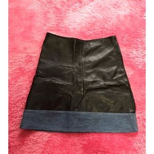 VINTAGE Faux Leather Skirt with Denim Trim